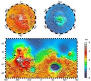 Topografische Karte des Mars. Die blauen Regionen befinden sich unterhalb der festgelegten Nulllinie, die roten oberhalb
